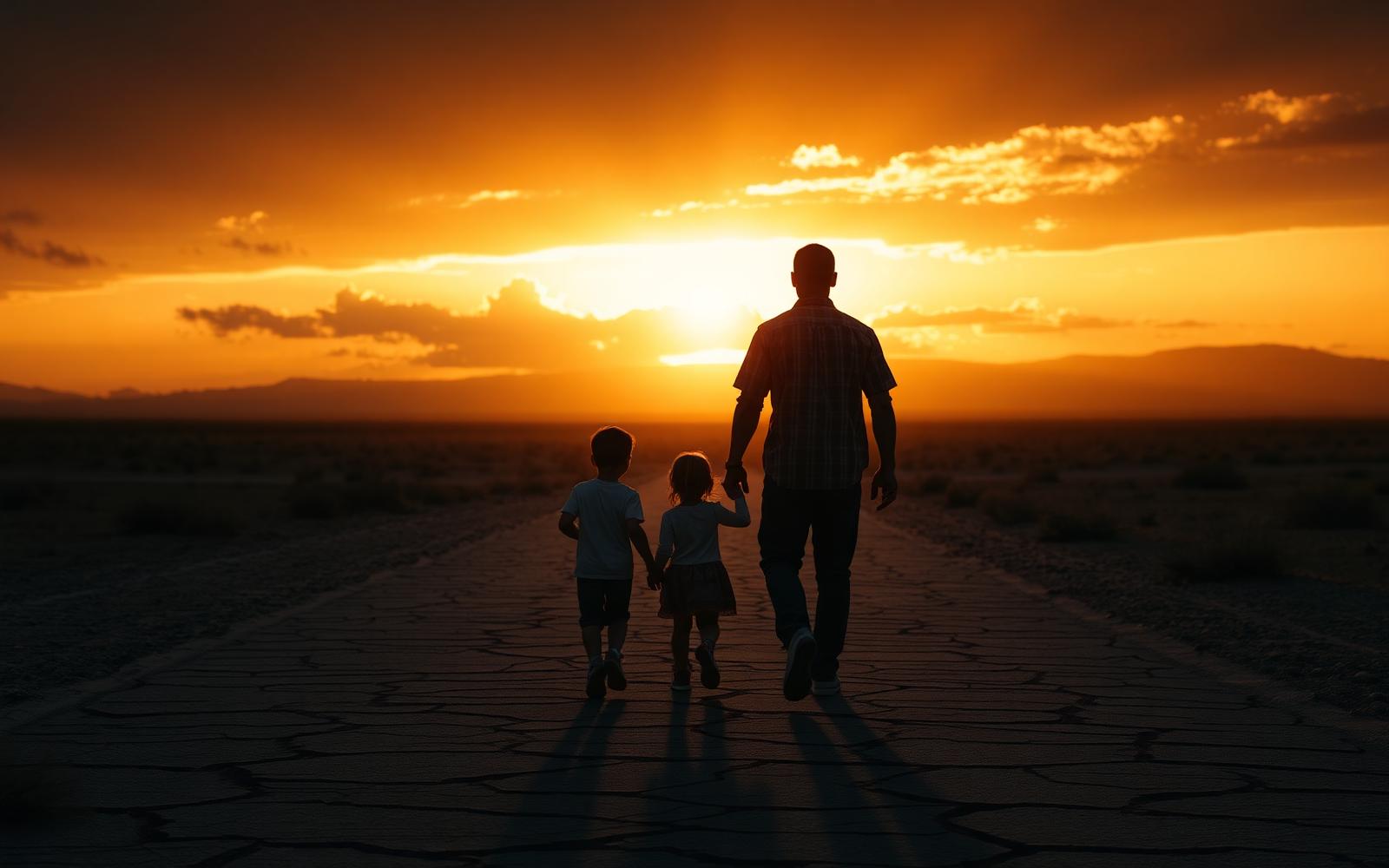 Família caminhando em direção ao horizonte iluminado